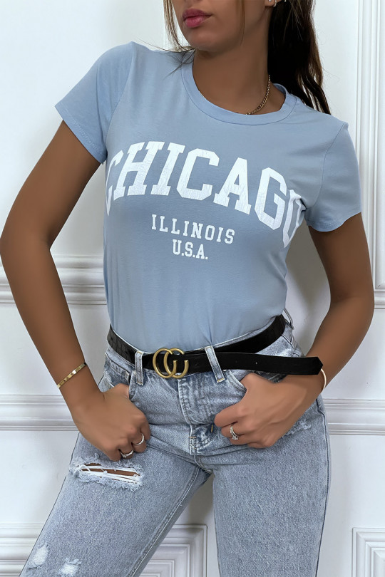 T-shirt turquoise en coton avec écriture CHICAGO. T-shirt femme - 5