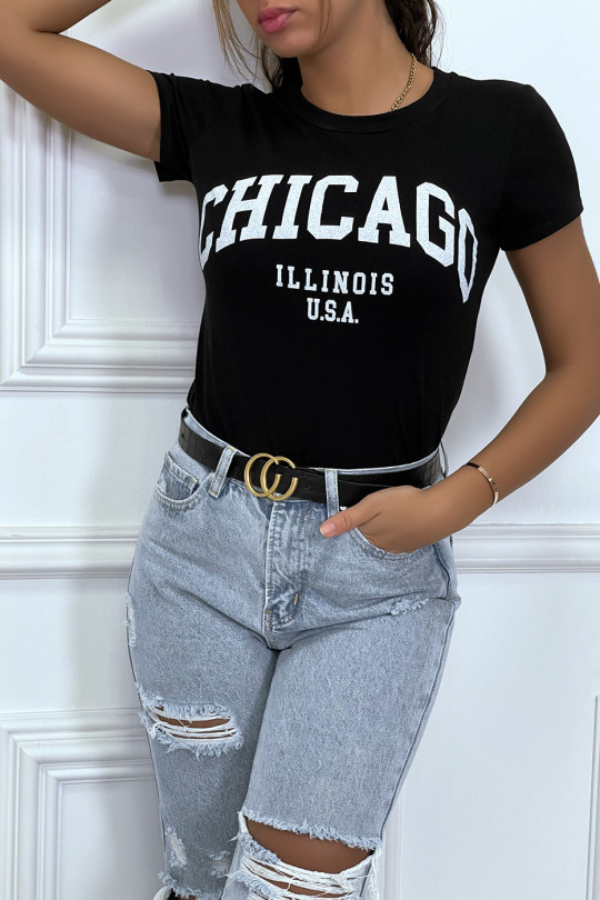 T-shirt noir en coton avec écriture CHICAGO. T-shirt femme - 1