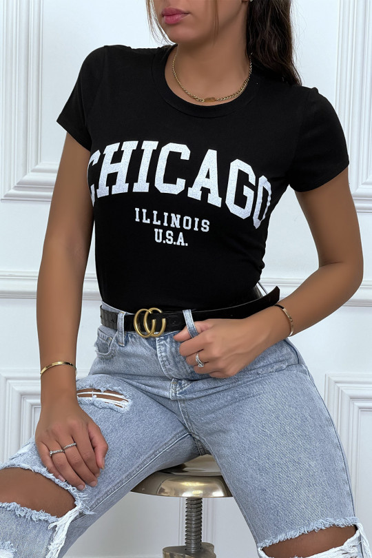 T-shirt noir en coton avec écriture CHICAGO. T-shirt femme - 2