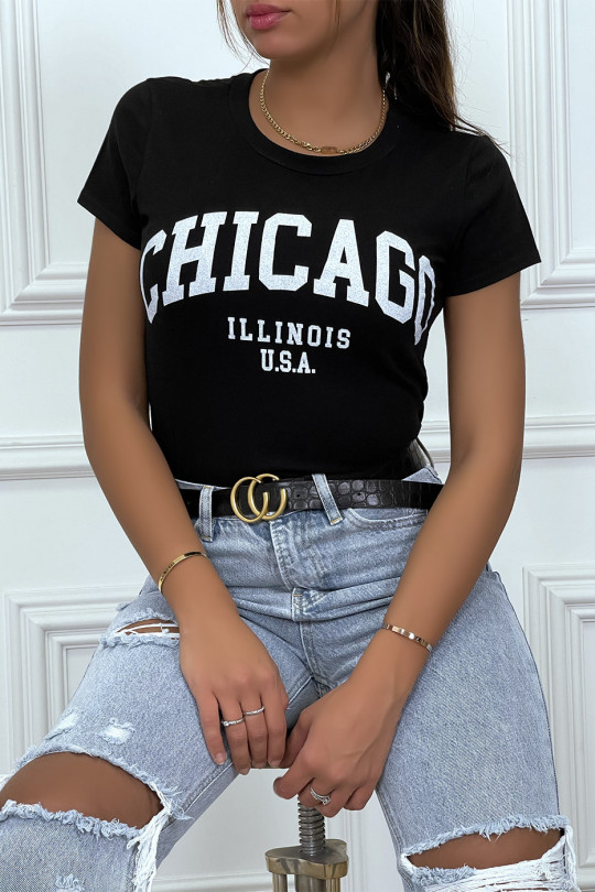 T-shirt noir en coton avec écriture CHICAGO. T-shirt femme - 3