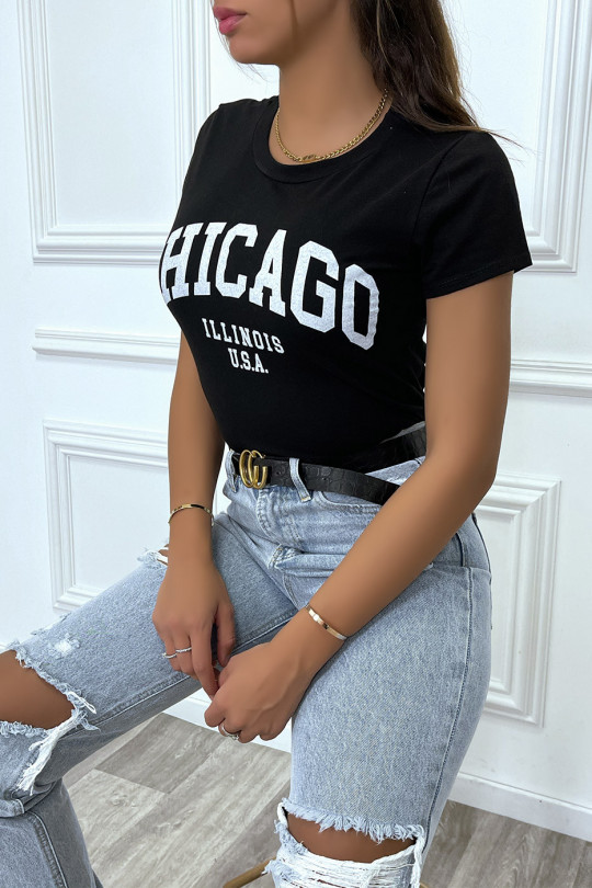 T-shirt noir en coton avec écriture CHICAGO. T-shirt femme - 5