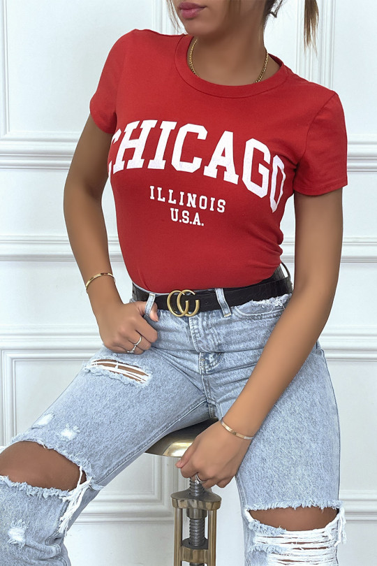 T-shirt rouge en coton avec écriture CHICAGO. T-shirt femme - 3