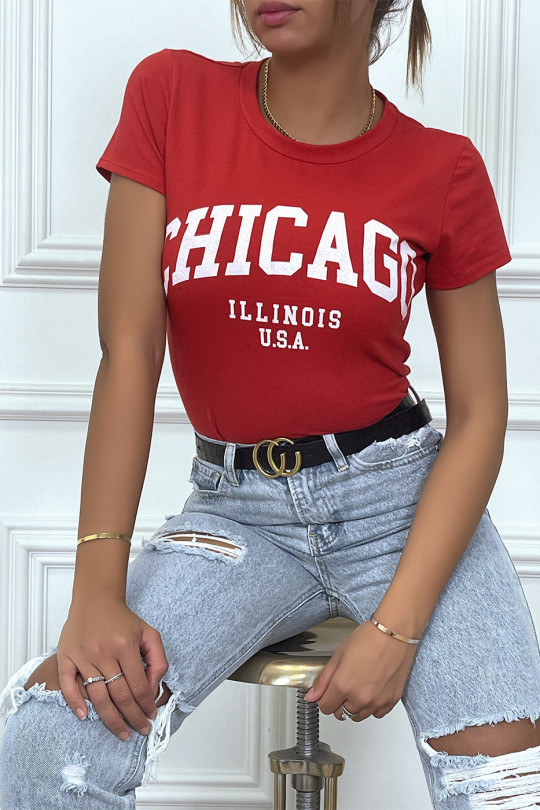 T-shirt rouge en coton avec écriture CHICAGO. T-shirt femme - 4