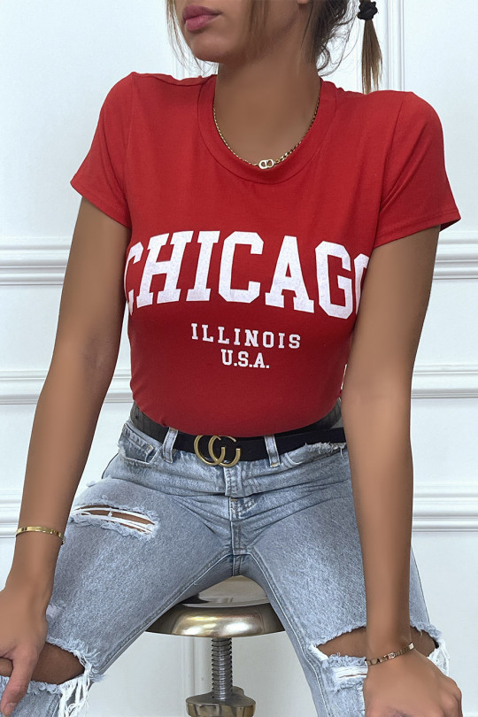 T-shirt rouge en coton avec écriture CHICAGO. T-shirt femme - 5