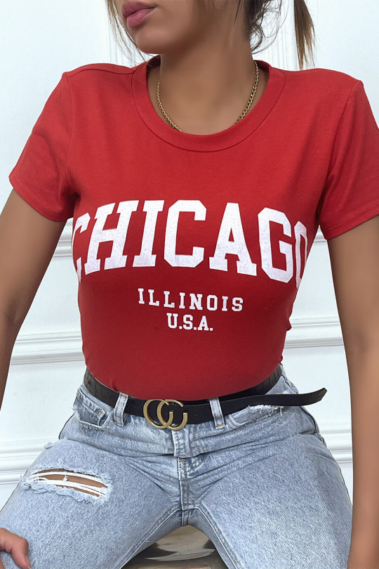 T-shirt rouge en coton avec écriture CHICAGO. T-shirt femme - 6