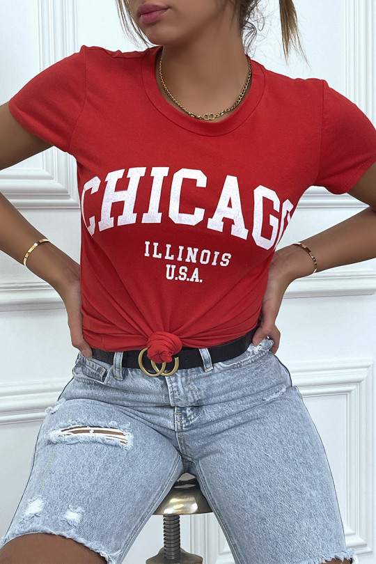 T-shirt rouge en coton avec écriture CHICAGO. T-shirt femme - 9