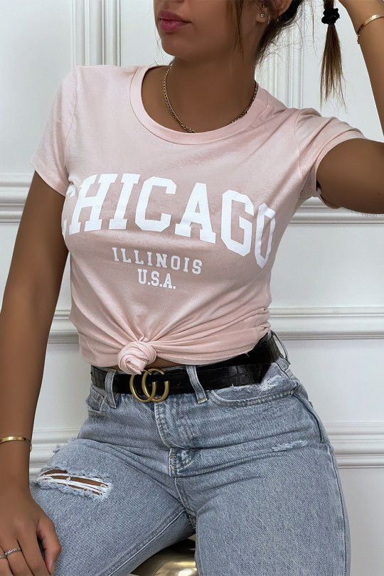 T-shirt rose en coton avec écriture CHICAGO. T-shirt femme - 1