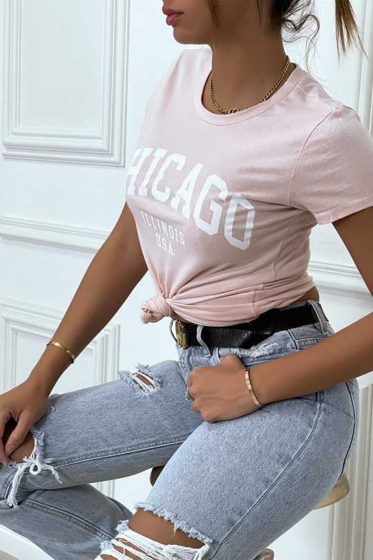 T-shirt rose en coton avec écriture CHICAGO. T-shirt femme - 3