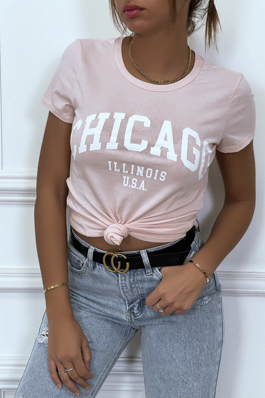 T-shirt rose en coton avec écriture CHICAGO. T-shirt femme - 4