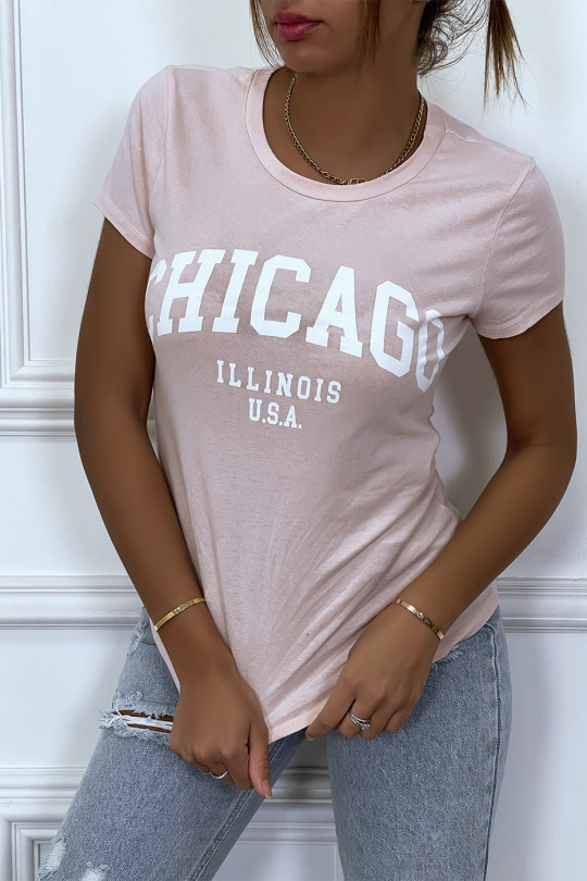 T-shirt rose en coton avec écriture CHICAGO. T-shirt femme - 5