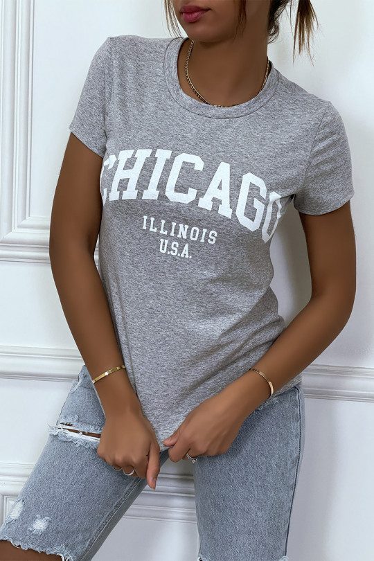 T-shirt gris en coton avec écriture CHICAGO. T-shirt femme - 1