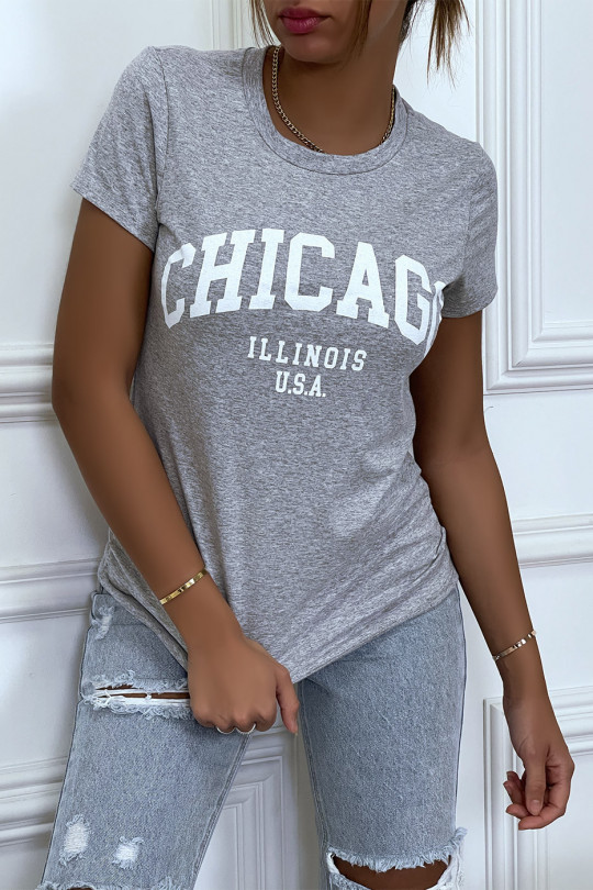 T-shirt gris en coton avec écriture CHICAGO. T-shirt femme - 2