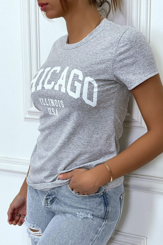 T-shirt gris en coton avec écriture CHICAGO. T-shirt femme - 3