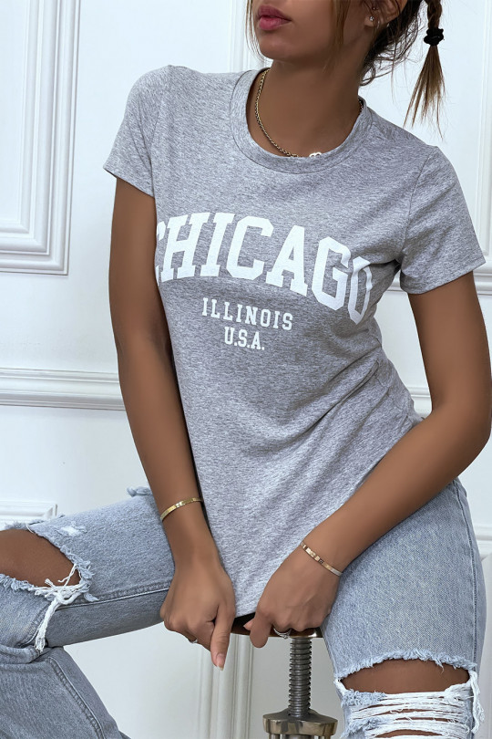 T-shirt gris en coton avec écriture CHICAGO. T-shirt femme - 5