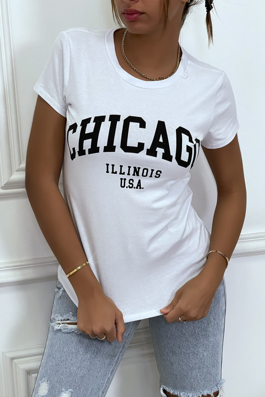 T-shirt blanc en coton avec écriture CHICAGO. T-shirt femme - 1