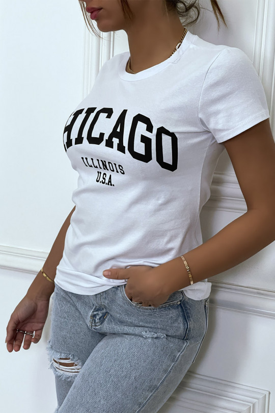 T-shirt blanc en coton avec écriture CHICAGO. T-shirt femme - 3