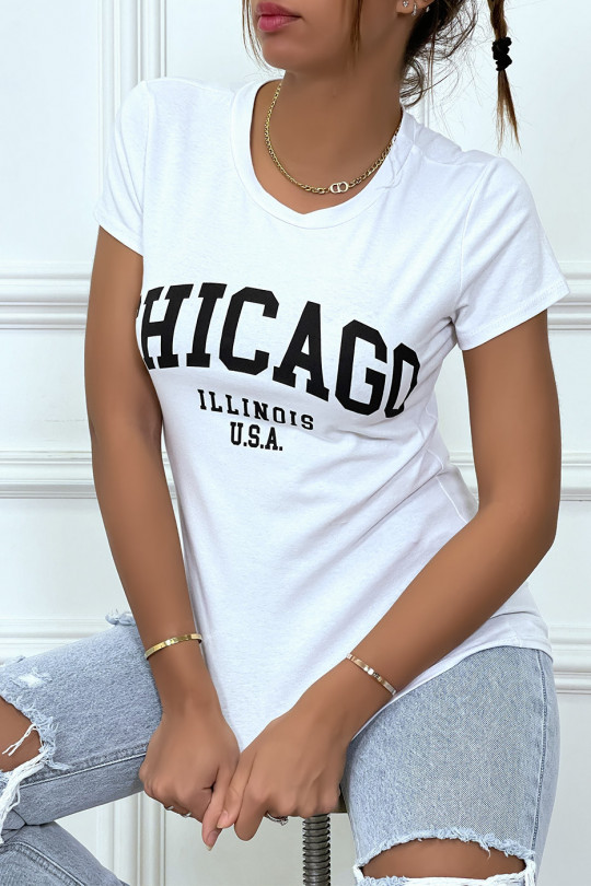 T-shirt blanc en coton avec écriture CHICAGO. T-shirt femme - 4