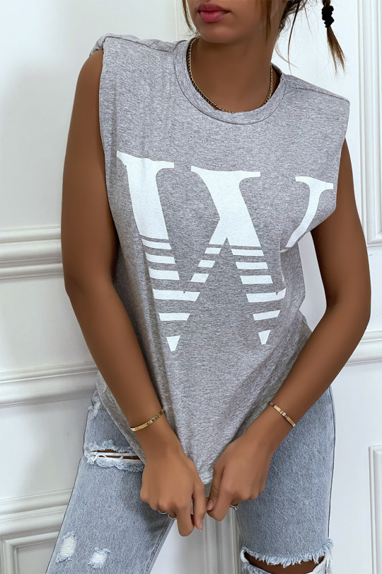 Grijs T-shirt met epauletten en opschrift W. Katoenen T-shirt voor dames - 1