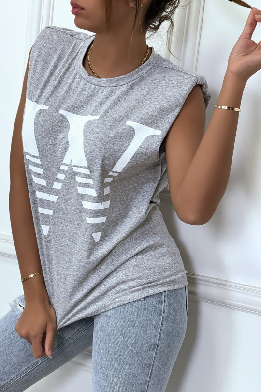 T-shirt gris avec épaulettes et écriture W. T-shirt femme en coton - 2