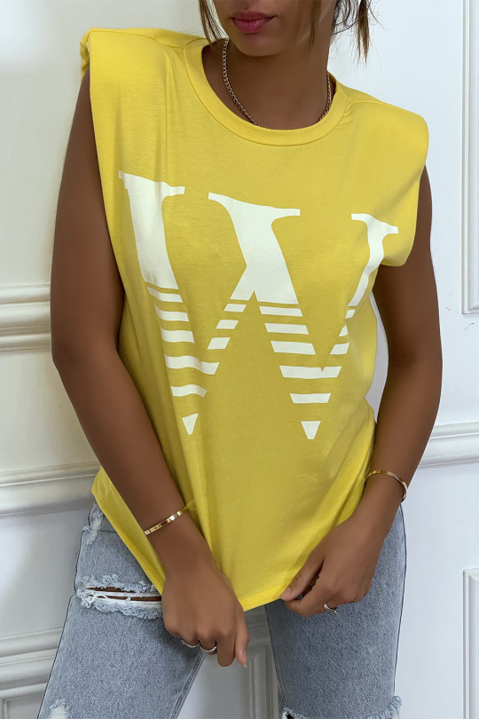 Geel T-shirt met epauletten en opschrift W. Katoenen T-shirt voor dames - 1