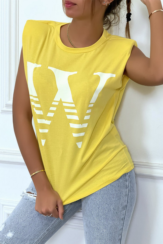 Geel T-shirt met epauletten en opschrift W. Katoenen T-shirt voor dames - 2