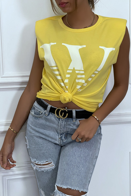 T-shirt jaune avec épaulettes et écriture W. T-shirt femme en coton - 3