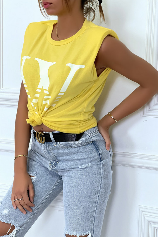 T-shirt jaune avec épaulettes et écriture W. T-shirt femme en coton - 4