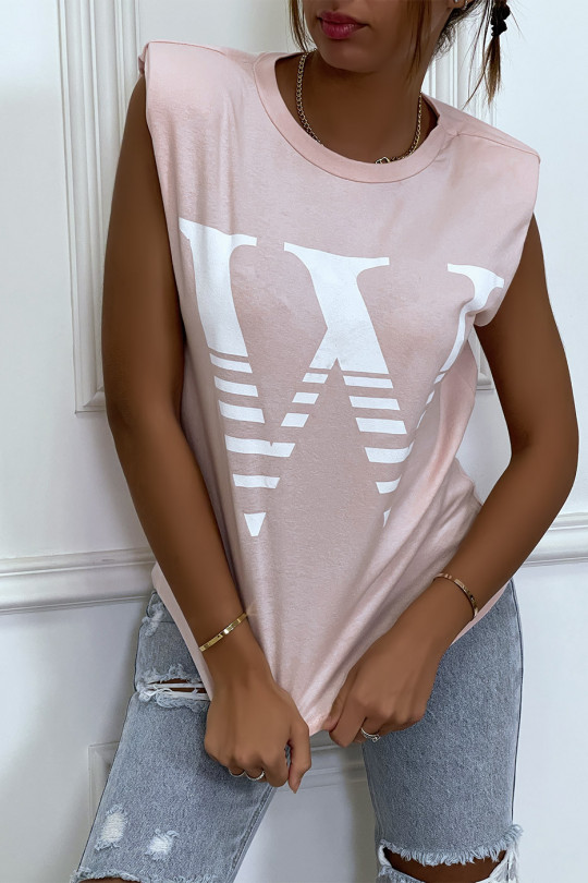 Roze T-shirt met epauletten en tekst W. Katoenen T-shirt voor dames - 1