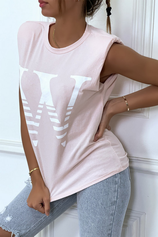 Roze T-shirt met epauletten en tekst W. Katoenen T-shirt voor dames - 2