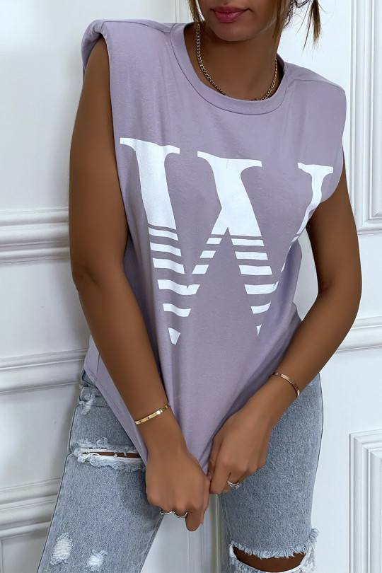 Lila T-shirt met epauletten en opschrift W. Katoenen T-shirt voor dames - 1