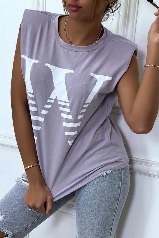 Lila T-shirt met epauletten en opschrift W. Katoenen T-shirt voor dames - 2