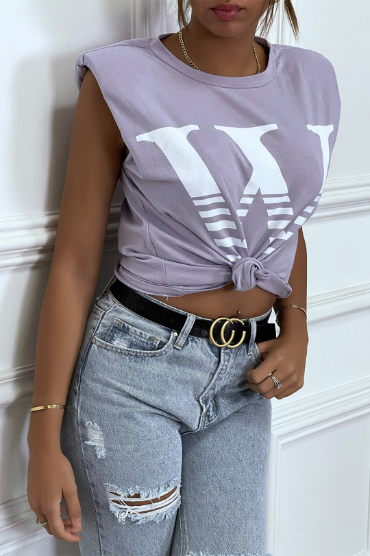 T-shirt lilas avec épaulettes et écriture W. T-shirt femme en coton - 4