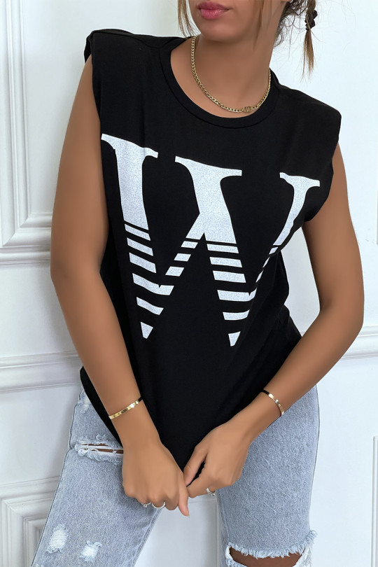 Black T-shirt with epaulettes and W writing. Women's cotton T-shirt - 1