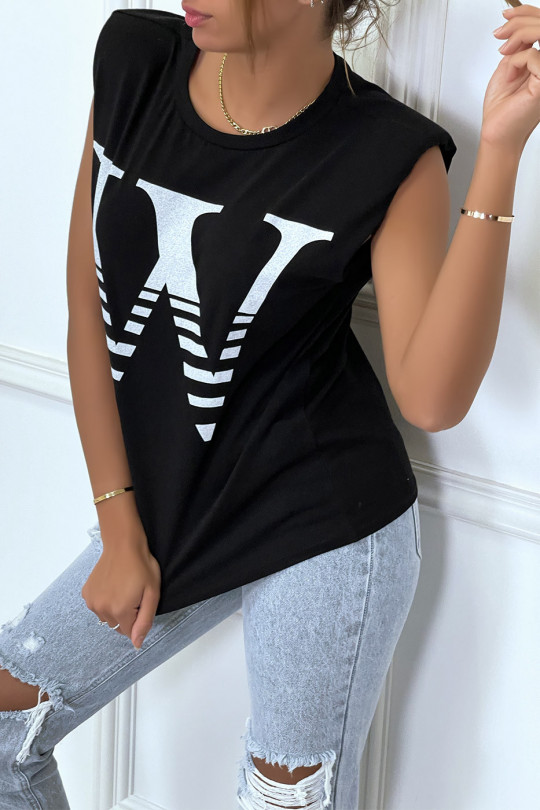 T-shirt noir avec épaulettes et écriture W. T-shirt femme en coton - 2