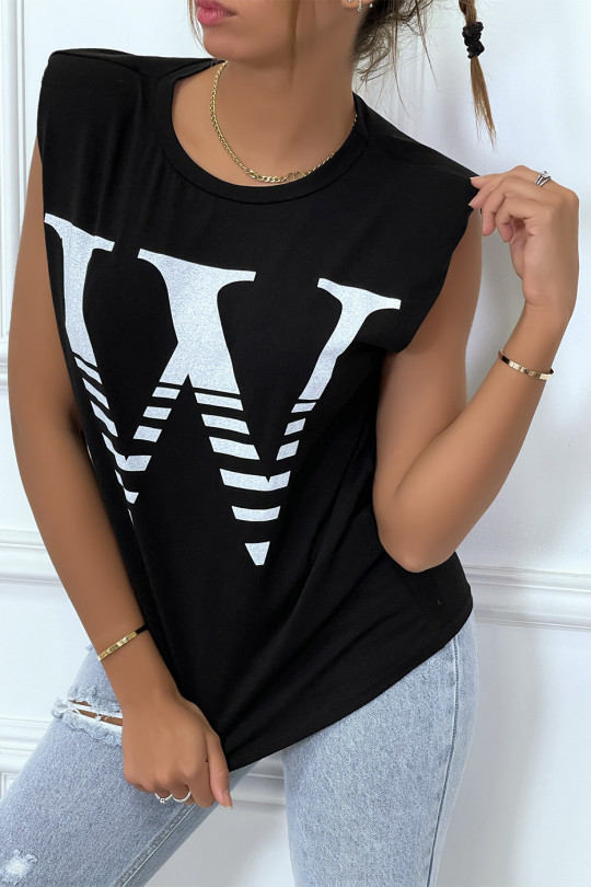 T-shirt noir avec épaulettes et écriture W. T-shirt femme en coton - 3