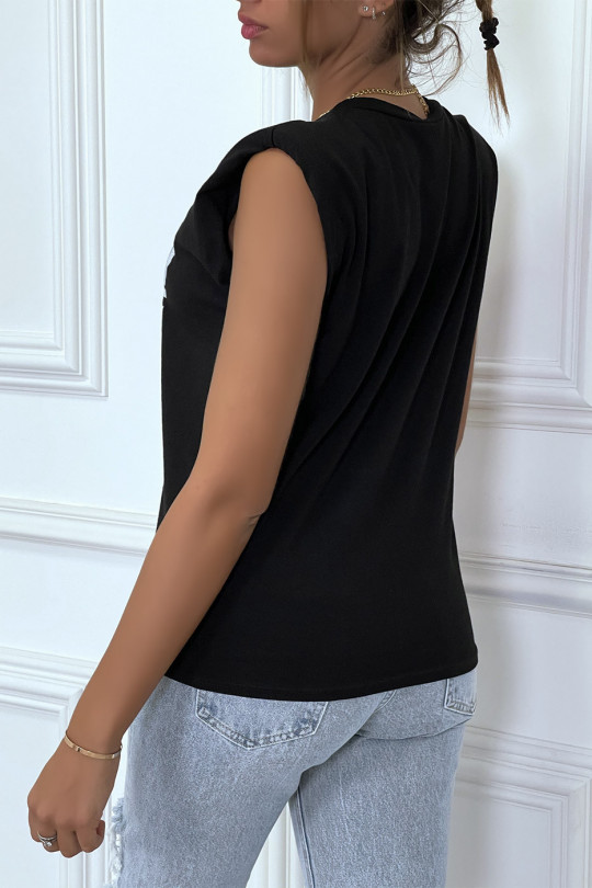 T-shirt noir avec épaulettes et écriture W. T-shirt femme en coton - 4