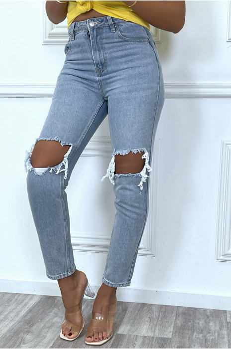 Jean bleu coupe droite destroy aux genoux - 2