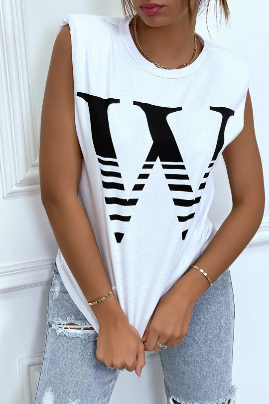 T-shirt blanc avec épaulettes et écriture W. T-shirt femme en coton - 1