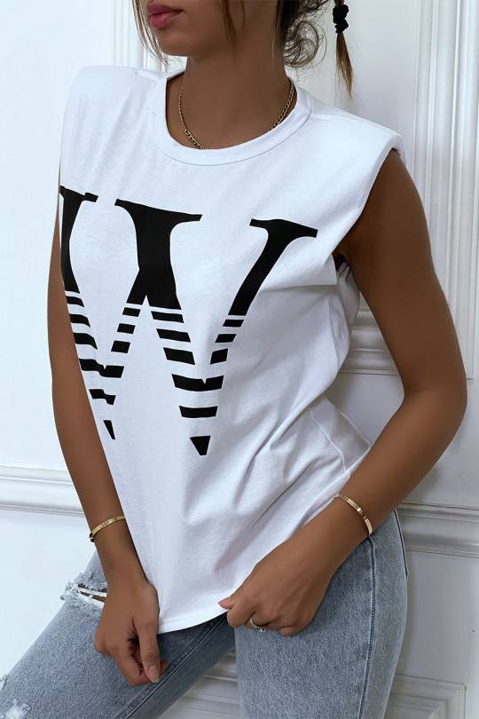 Wit T-shirt met epauletten en tekst W. Katoenen T-shirt voor dames - 3