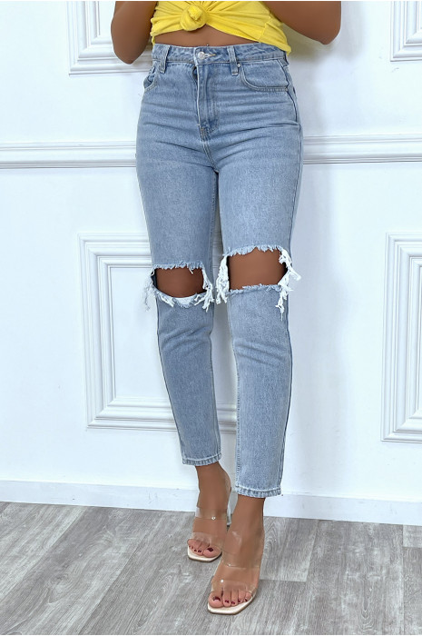 Jean bleu coupe droite destroy aux genoux - 6