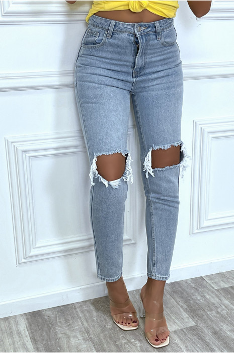 Jean bleu coupe droite destroy aux genoux - 7