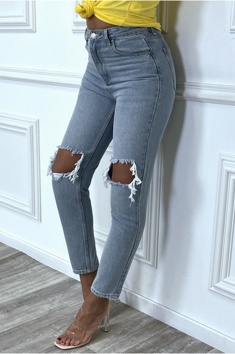 Jean bleu coupe droite destroy aux genoux - 8