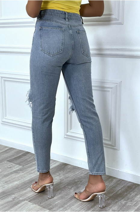 Jean bleu coupe droite destroy aux genoux - 9