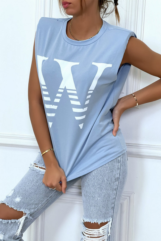 T-shirt turquoise avec épaulettes et écriture W. T-shirt femme en coton - 2