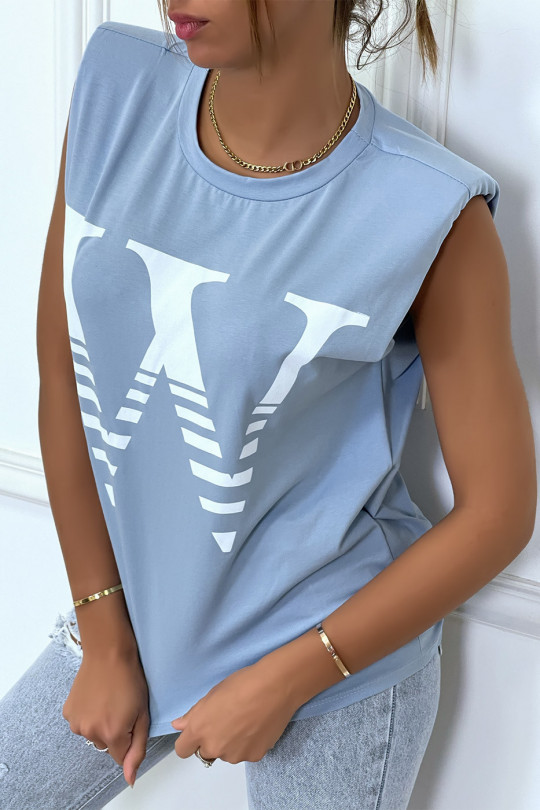 Turkoois T-shirt met epauletten en opschrift W. Katoenen T-shirt voor dames - 3