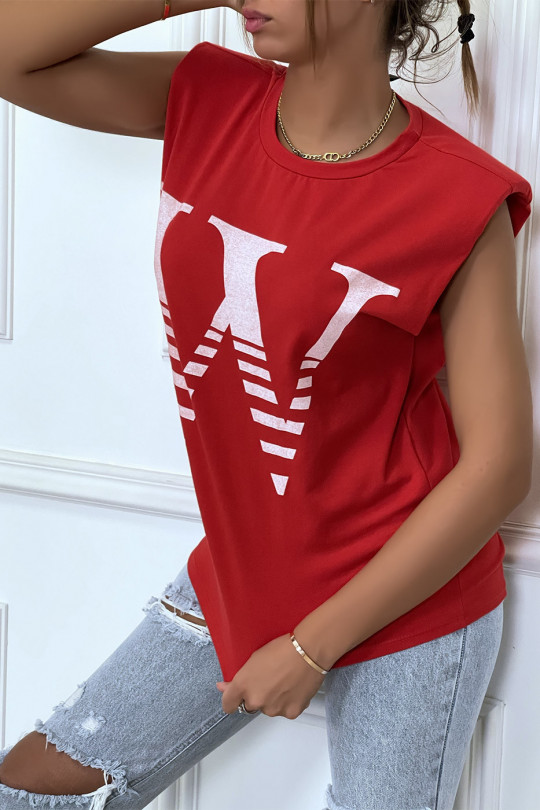 T-shirt rouge avec épaulettes et écriture W. T-shirt femme en coton - 2
