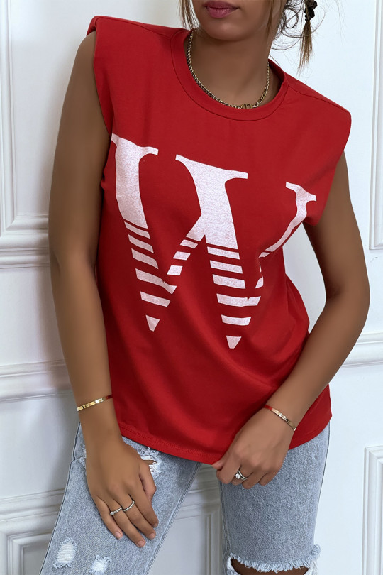 T-shirt rouge avec épaulettes et écriture W. T-shirt femme en coton - 3