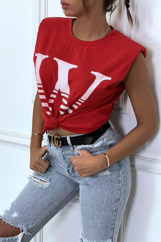 T-shirt rouge avec épaulettes et écriture W. T-shirt femme en coton - 4