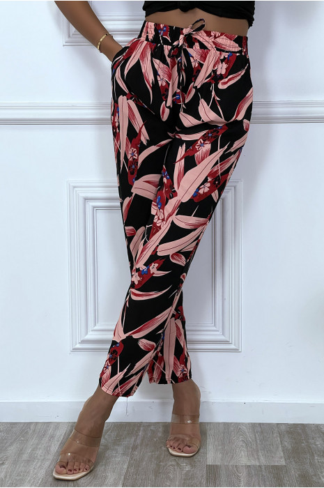 Pantalon fluide noir avec poches et motif feuille très tendance - 2