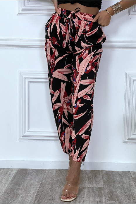 Pantalon fluide noir avec poches et motif feuille très tendance - 3